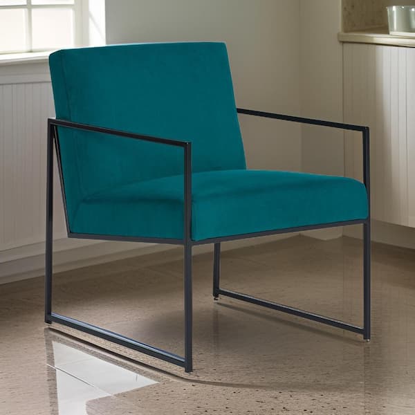 Benjara Teal and Black Velvet Arm Chair with Seat Cushions and Black Metal Frame
