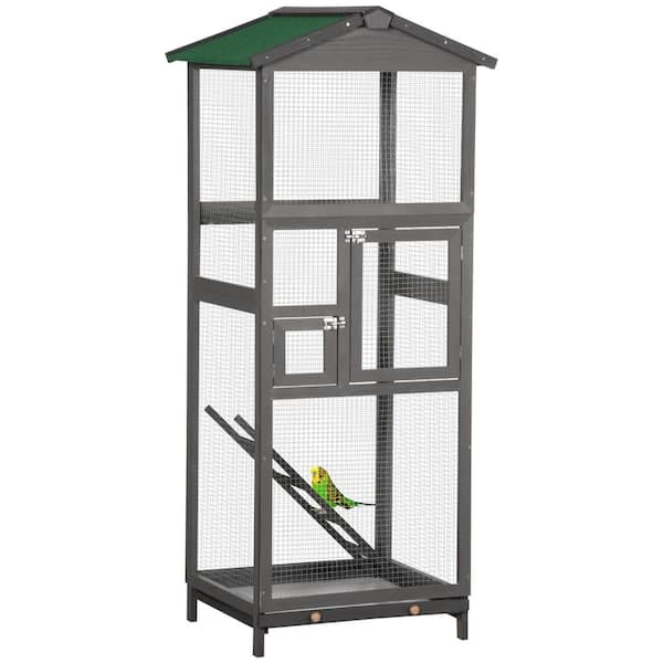 COOLSHARK Outdoor Large Pine Wood Bird House Bird House for Cage, for Parrot, Parakeet with Pull Out Tray, Window, Door, Gray