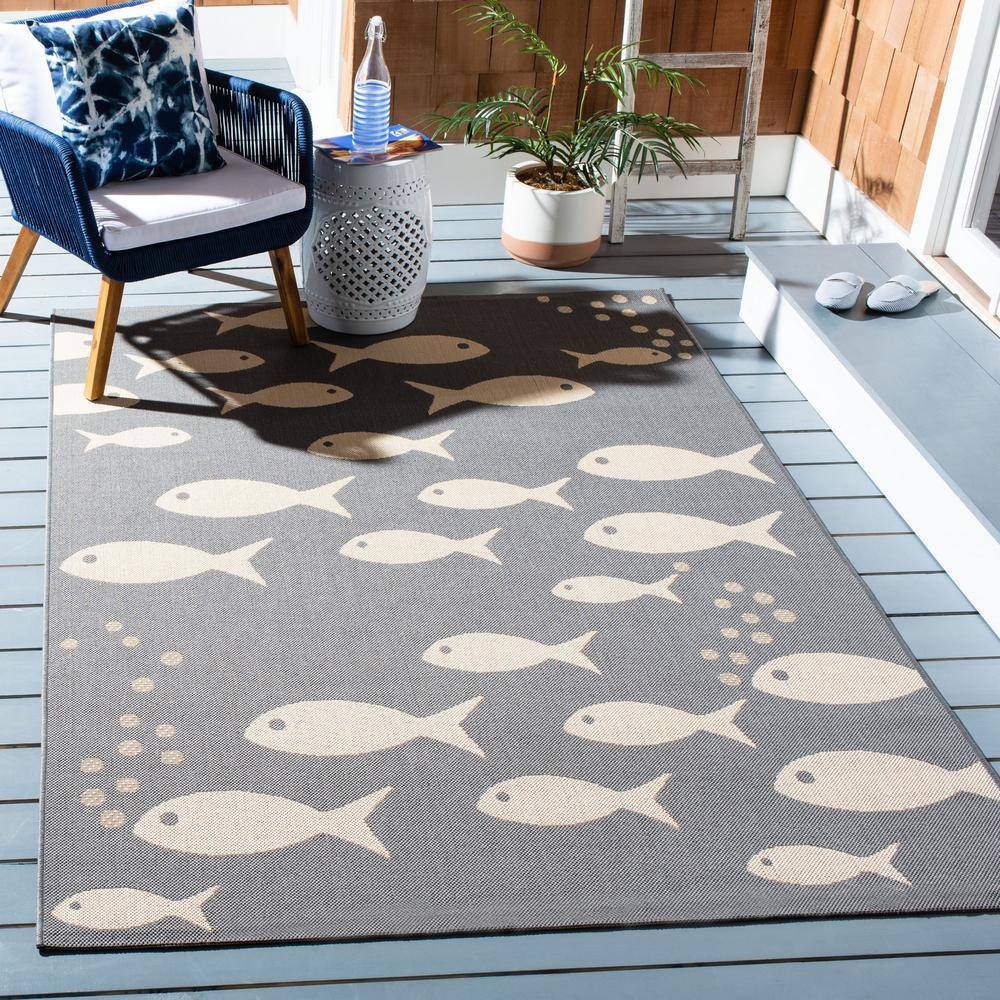 Dark Grey and Beige Fish Pattern Indoor/Outdoor Rug