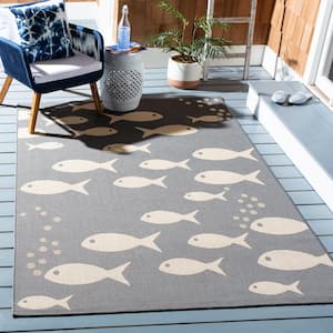 Courtyard Dark Gray/Beige Doormat 3 ft. x 5 ft. Novelty Fish Indoor/Outdoor Patio Area Rug