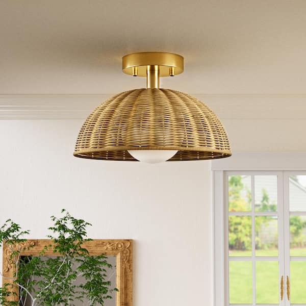 Collision 12 in. 1-Light Brass Base Semi-Flush Mount with Wicker Shade (Bulb not included.).