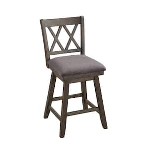Jasmine 37.5 in. Distressed Walnut Brown and Gray High Back Wooden Frame Counter Bar Stool Chair with Fabric Seat