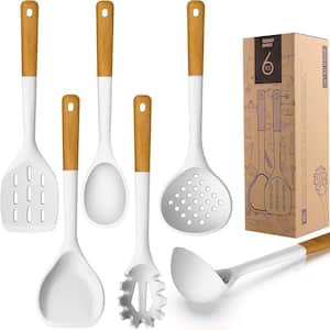 White Large Silicone Cooking Utensils Set with Heat Resistant Silicone and Wooden Handles, Non-Stick, BPA Free