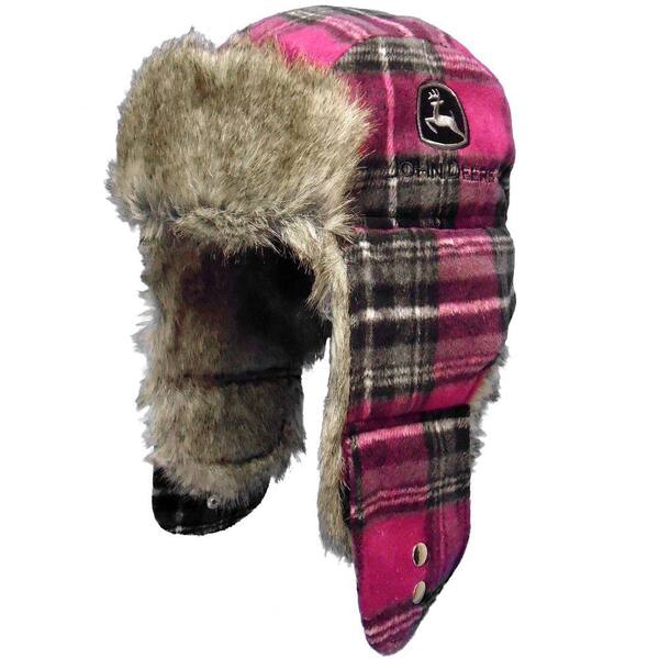 John Deere Flannel Plaid Trapper Style Hat in Fuchsia with Poly Fur in One Size Fits Most