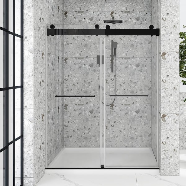 Boosicavelly 72 in. W x 76 in. H Double Sliding Frameless Shower Door in Matte Black with Buffer