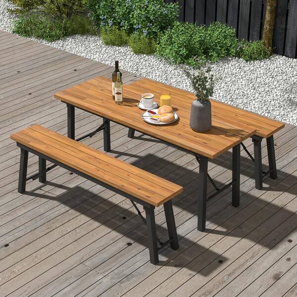 ANGELES HOME 3-Piece Wood Outdoor Dining Set Table and Bench