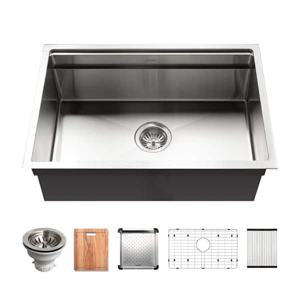 HOUZER Novus Series Undermount Stainless Steel 26 in. Single Bowl Kitchen Sink with Sliding Dual Platform Workstation