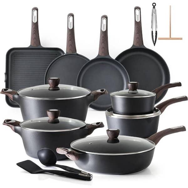 Aluminum 26-Piece Black Nonstick Induction Cookware Set, Healthy Non Toxic Pots and Pans Bakelite Handles Glass Lids