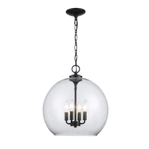 Kingsley 16 in. 4-Light Matte Black Pendant Light Fixture with Clear Glass Shade