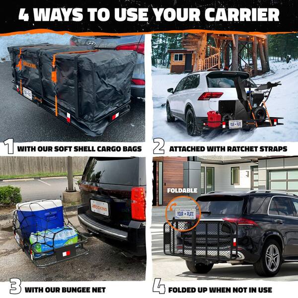 Mockins 500 lbs. Capacity XL Hitch Mount Cargo Carrier Set - Folding Shank and 2 in. Raise, Cargo Bag, Net, Straps, Locks - Blue