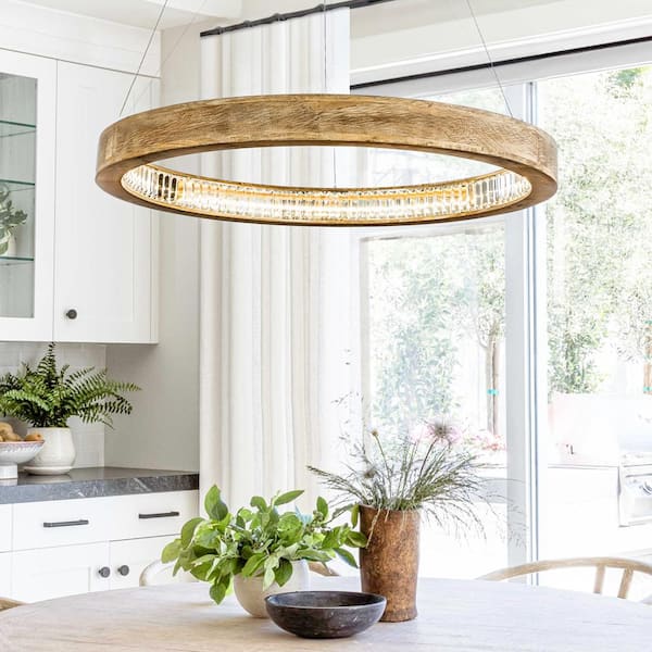 ALOA DECOR Modern Farmhouse Integrated LED Wagon Wheel Crystal Chandelier French Country Weathered Wood Pendant Light