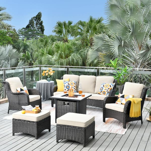 XIZZI Eclogue Brown 6-Piece Wicker Outdoor Patio Fire Pit Seating Sofa Set and with Beige Cushions