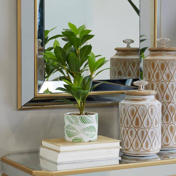 16 in. H Bay Laurel Artificial Plant with Realistic Leaves and Leaf Patterned Pot