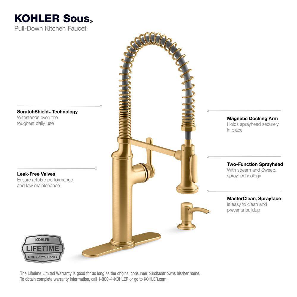 Vibrant Brushed Brass Single Handle Pull Down Kitchen Faucet