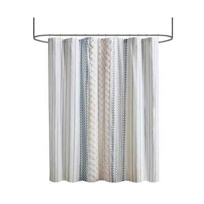 Imani 72 in. W x 72 in. L Cotton White/Navy Shower Curtain