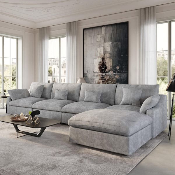 155.9 in. Slope Arm 5-Piece L-Shaped Linen Modern Oversize Modular Sectional Sofa Couch in Gray with Ottoman