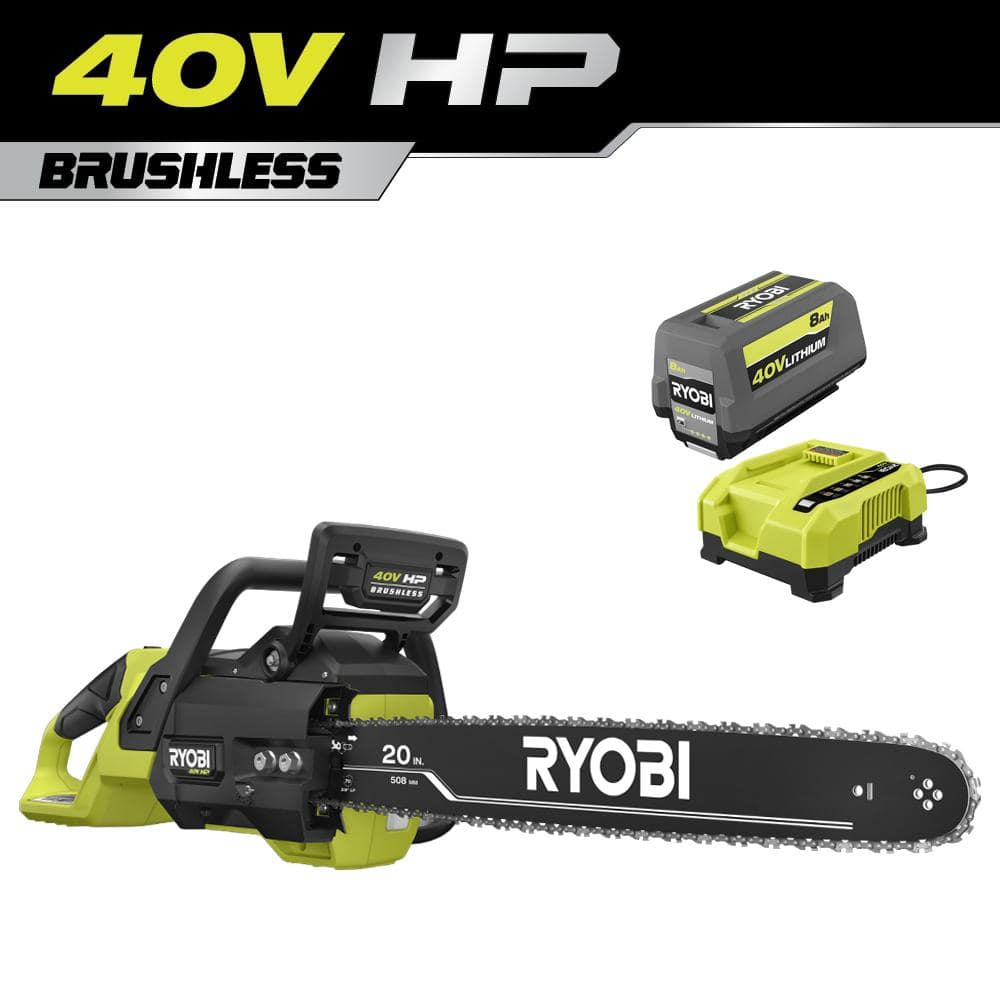 RYOBI 40V HP Brushless 20 in. Battery Chainsaw with 8.0 Ah Battery and Rapid Charger -  RY405110
