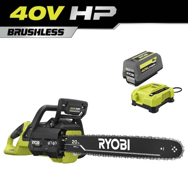 RYOBI 40V HP Brushless 20 in. Battery Chainsaw with 8.0 Ah Battery and Rapid Charger