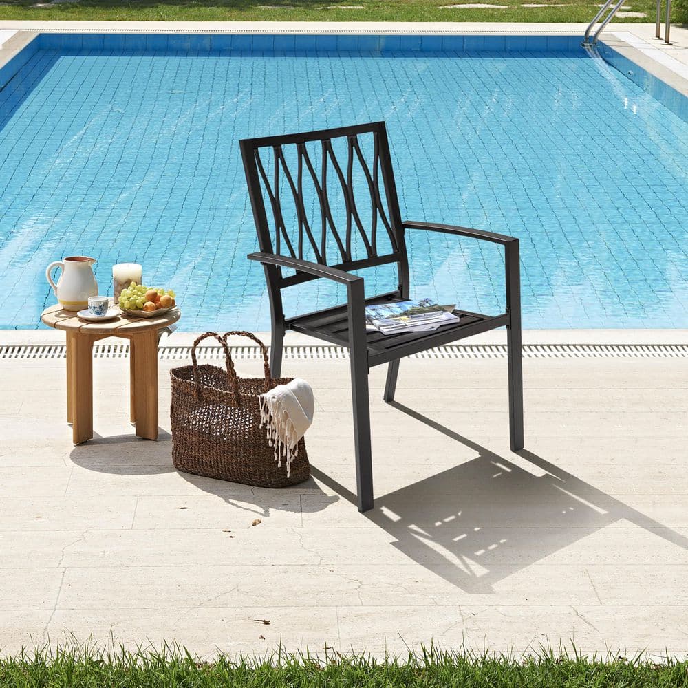 Black Iron Stackable Outdoor Patio Chairs with Lattice Design (2-Pack)