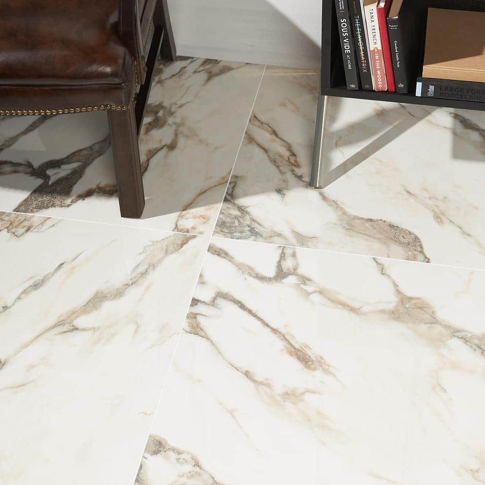 Saroshi 24" x 24" Polished White Marble Look Porcelain Tile