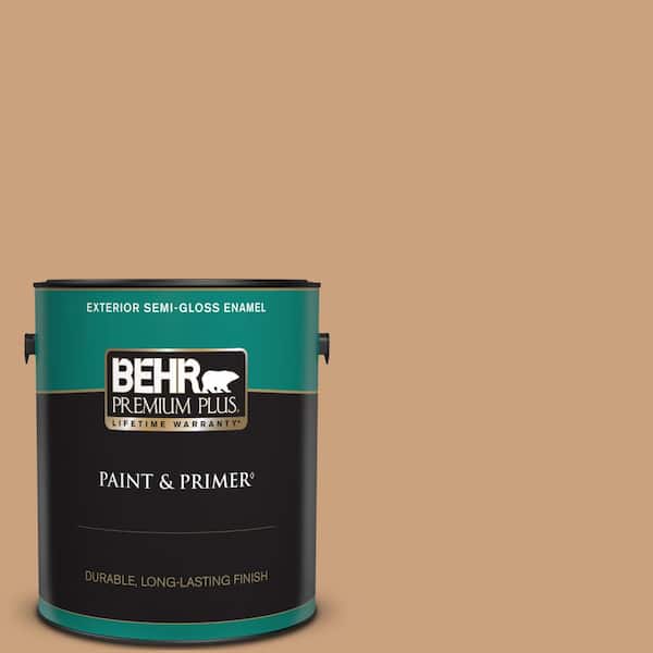 BEHR PREMIUM PLUS 1 gal. #270F-4 Peanut Butter Semi-Gloss Enamel Exterior Paint & Primer