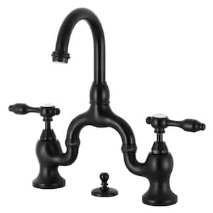Tudor 2-Handle High Arc 8 in. Bridge Bathroom Faucets with Brass Pop-Up in Matte Black