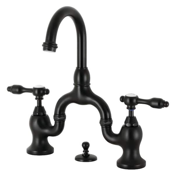 Kingston Brass Tudor 2-Handle High Arc 8 in. Bridge Bathroom Faucets with Brass Pop-Up in Matte Black