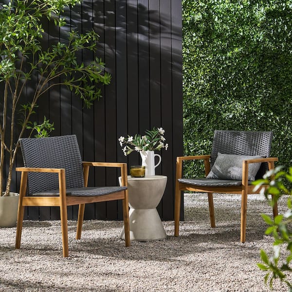 Noble House Remuda Gray and Teak Wicker and Wood Outdoor Patio Lounge Chairs (Set of 2)