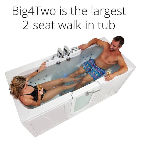 80 in. Big4Two Walk-In Whirlpool, Air, Foot Massage Tub in White, Outward Swing Door, Faucet, Heated Seat, Dual Drain 80 in. Big4Two Walk-In Whirlpool, Air, Foot Massage Tub in White, Outward Swing Door, Faucet, Heated Seat, Dual Drain