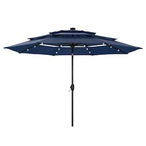 10 ft. 3-Tier Patio Market Umbrella with Solar LED Lights AutoTilt and Crank in Blue