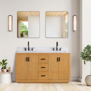 Perla 60 in. W x 22 in. D x 34 in. H Double Bath Vanity in Natural Wood with Grain White Composite Stone Top and Mirror