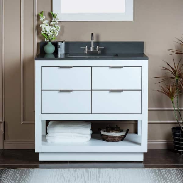 WOODBRIDGE Venice 37 in.W x 22 in.D x 38 in.H Bath Vanity in White with Engineered stone Vanity Top in Dark Gray with White Sink