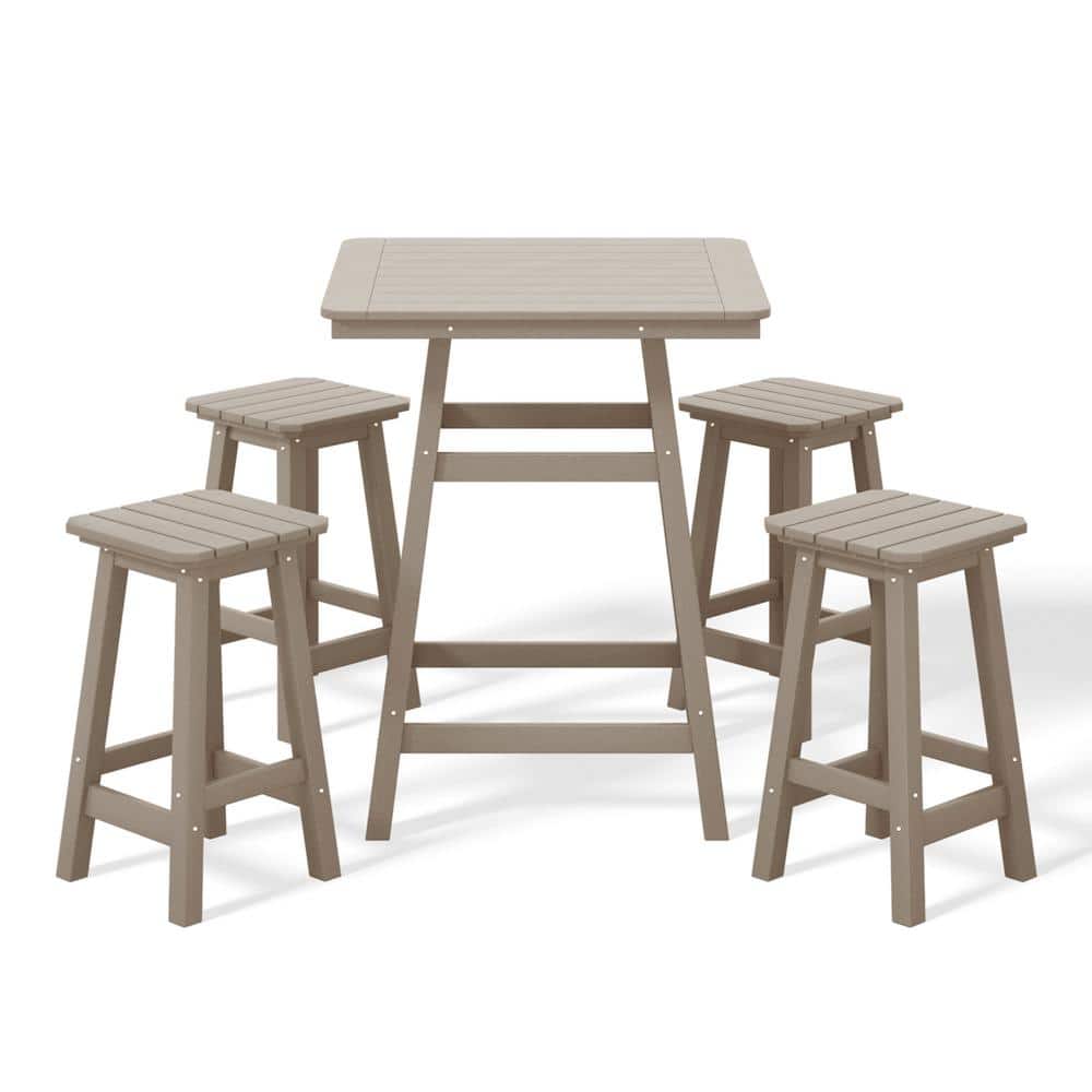 Laguna 5-PC Fade Resistant HDPE Plastic Outdoor Patio Square Counter Height Bistro Set, Barstools in Weathered Wood price history on PriceWatchPro
