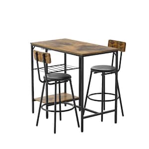 Outdoor/Indoor Wood Top Patio High Top Bistro Set, 3-Piece Tall Bistro Table and Chairs Set With Backrest A Storage Rack