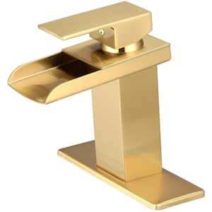 Single Handle Single Hole Waterfall Bathroom Faucet with Deckplate Included Modern Brass Sink Faucets in Brushed Gold