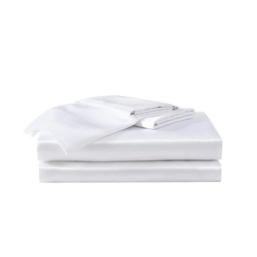 BJ Solid 3-Piece White Satin Twin Sheet Set