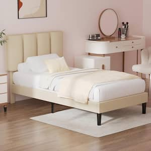 Upholstered Bedframe, Beige Metal Frame Twin Platform Bed with Adjustable Headboard, Wood Slat, No Box Spring Needed