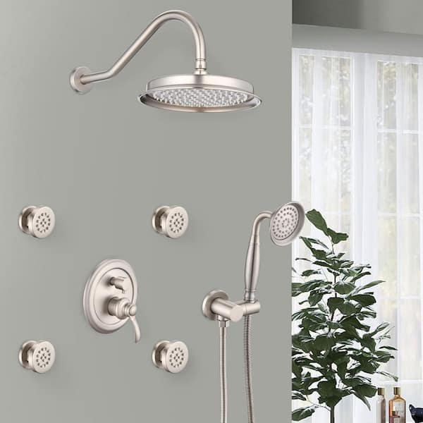 Satico 4-Spray Patterns with 2 GPM 9 in. Wall Mount Rain Fixed Shower Head with Body Jet Handshower in Brushed Nickel
