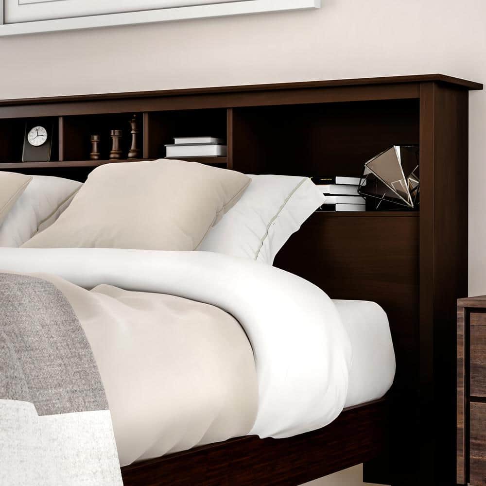 Espresso King Wood Bookcase Headboard with Storage