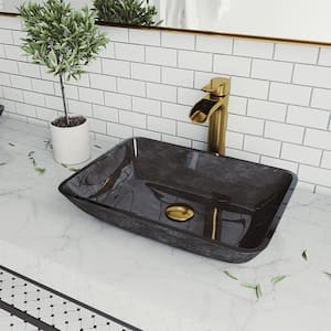 Glass Rectangular Vessel Bathroom Sink in Onyx Gray with Niko Faucet and Pop-Up Drain in Matte Gold