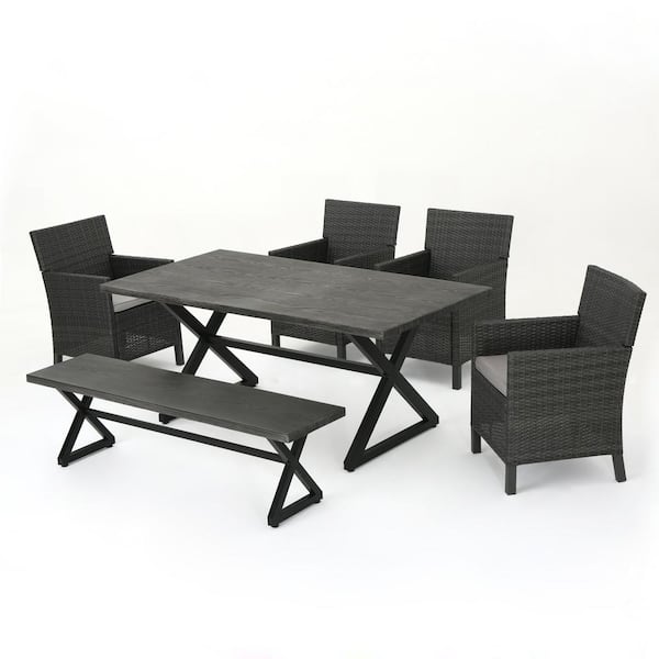 Aisha 29 in. Grey 6-Piece Metal Rectangular Outdoor Dining Set with Silver Cushions
