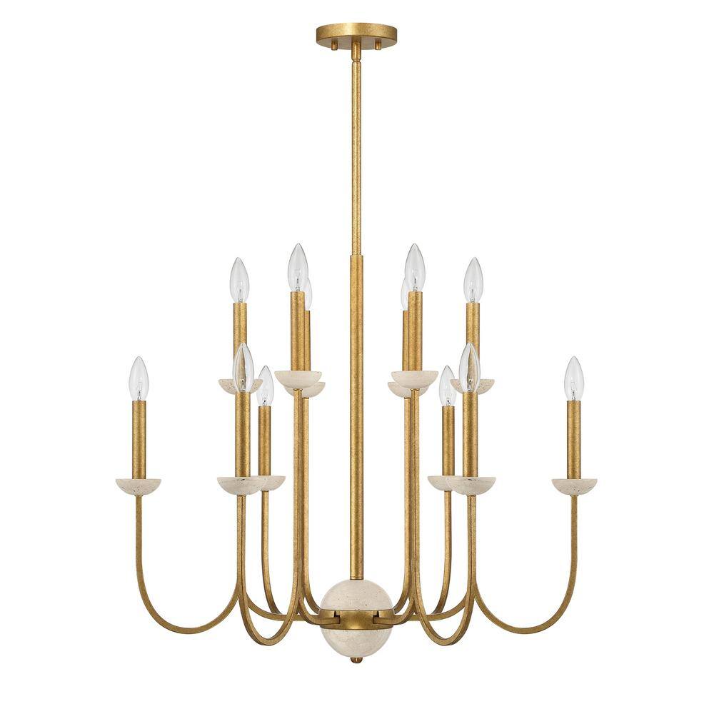 Antique Gold 12-Light Candle Chandelier with Travertine Cups