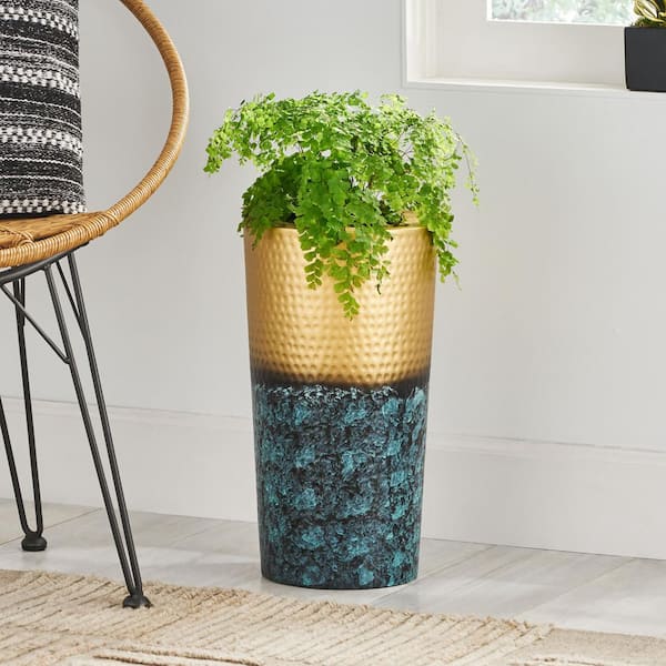 Noble House Jewell 10 in. Large Brass and Patina Blue Aluminum 2-Toned Planter