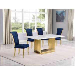 Lisa 5-Piece Rectangular White Marble Top Gold Chrome Base Dining Set with Navy Blue Velvet Chairs Seats 4.