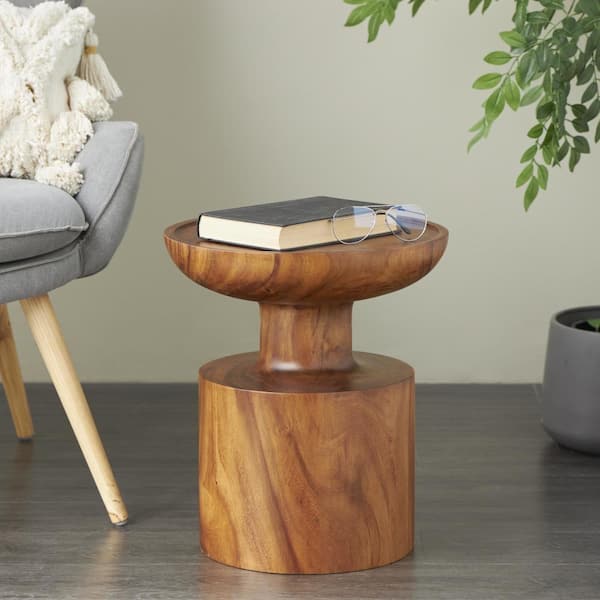 Litton Lane 15 in. Brown Handmade Round Wood End Table with Cylinder Block Base