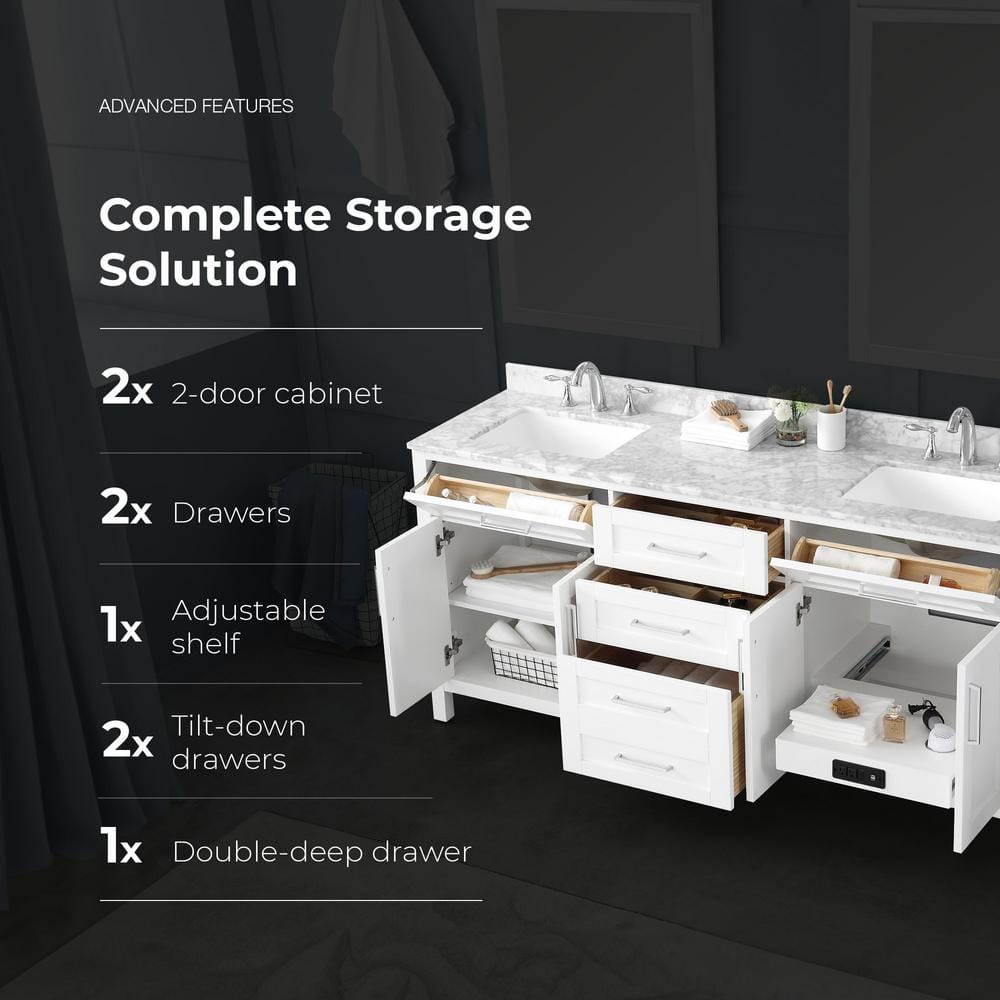 Tahoe 72" Pure White Double Sink Freestanding Vanity