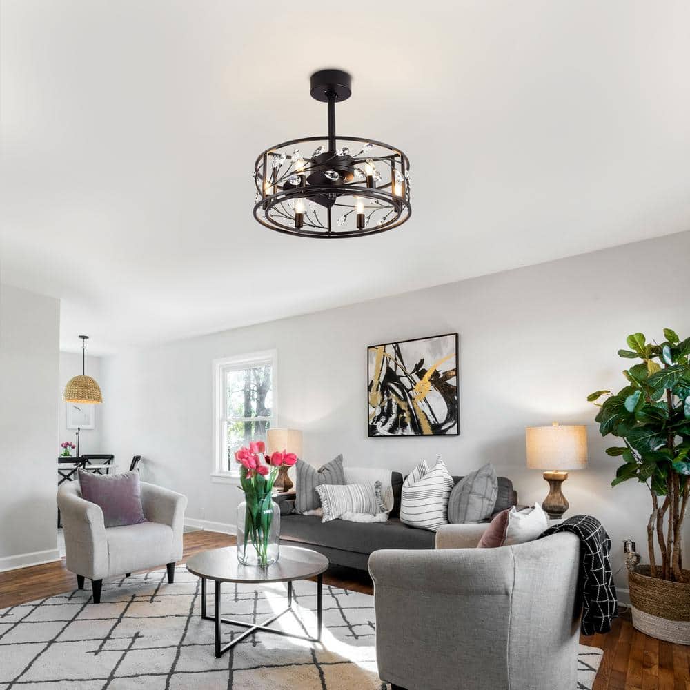 20'' Black Crystal Caged Ceiling Fan with Light and Remote