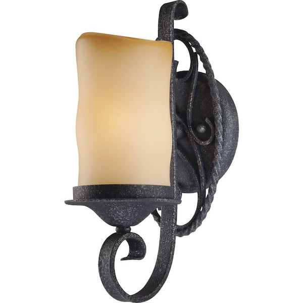 Volume Lighting Sevilla 1-Light Indoor Antique Wrought Iron Bath / Vanity Wall Mount Sconce w/ Candle-Shaped Sandstone Glass Shade