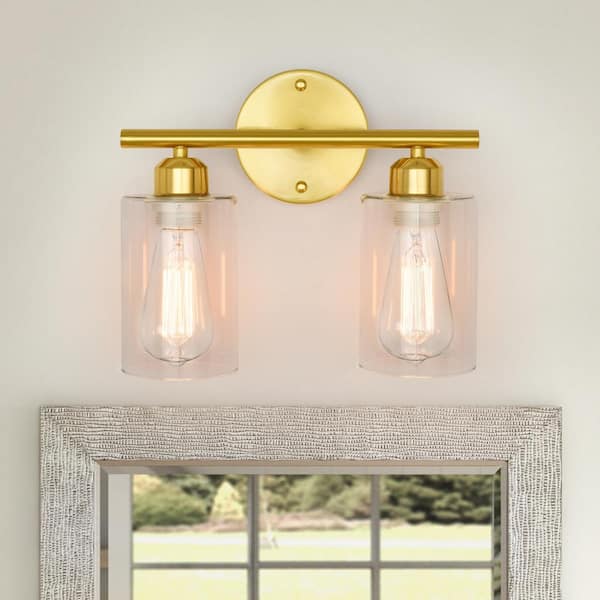 GoYeel 12.99 in. 2-Light Gold Bathroom Vanity Light with Glass Shade for Bathroom Mirror and Vanities