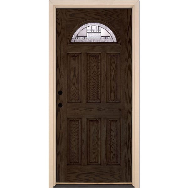 Feather River Doors 37.5 in. x 81.625 in. Preston Patina Fan Lite Stained Walnut Oak Right-Hand Inswing Fiberglass Prehung Front Door